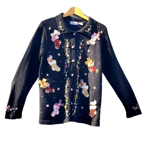 vintage Christmas Sweater 90s Beaded Xmas Stockings Black Cotton Ramie 10 12 - Picture 4 of 13